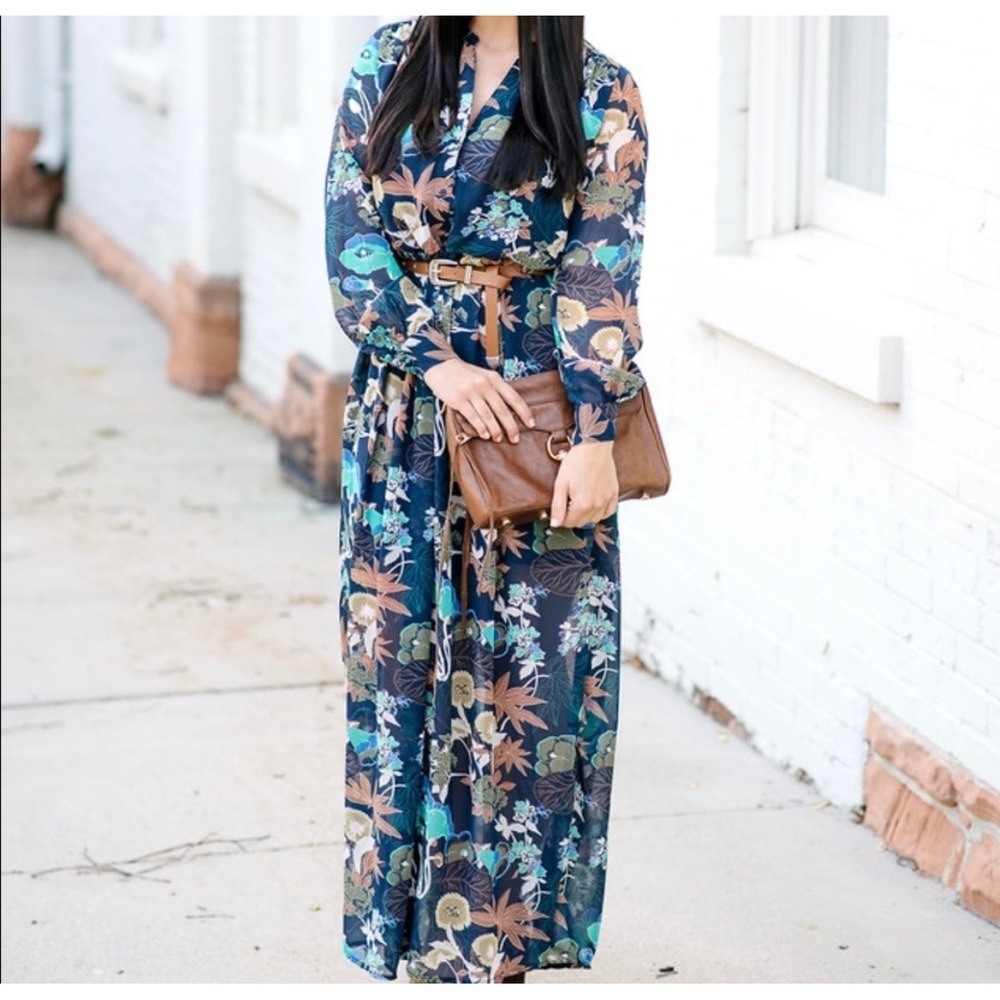 H&M Conscious Maxi Dress Long Sleeve‎ Floral Print Boho US Size 12 Flowy Chiffon